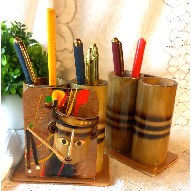 Double Round Penstandwith Bamboo or Terracottafigures