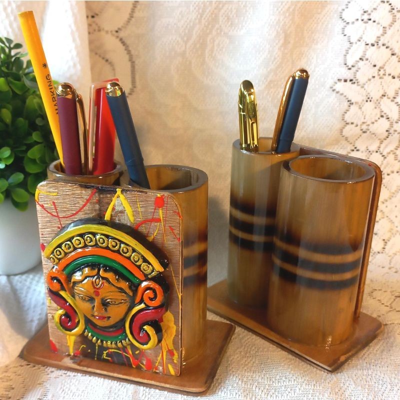 Double Round Penstandwith Bamboo or Terracottafigures