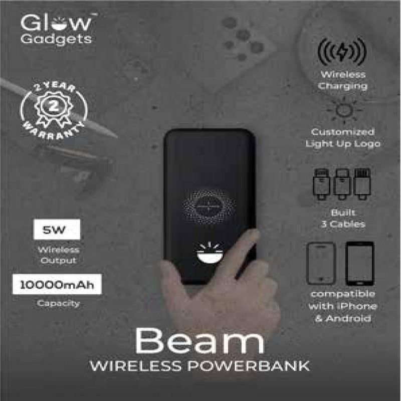Beam 10000mAh Wireless Powerbank with Inbuilt 3 Cables